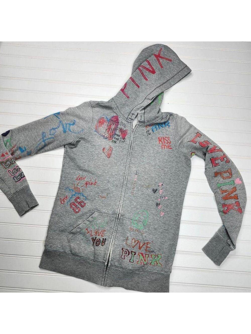 PINK Victoria's Secret Gray Zip-Up Hoodie with Pink and Multicolor Graffiti